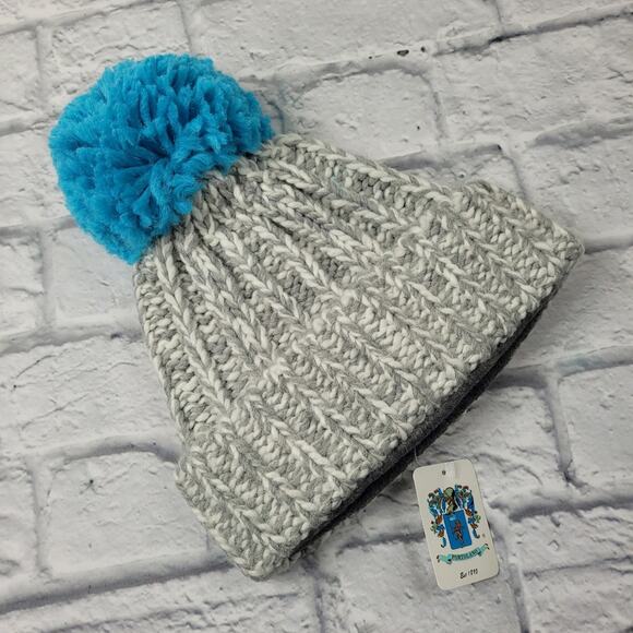 NWT Chunky Gray & Blue Pom Pom Hat by Portolano - Picture 1 of 8